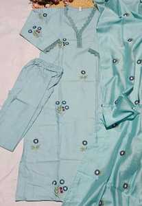 White Slub Cotton Embroidered Indian Pakistani Set <b>Kurta</b> Pyjama with Dupatta Quick Dry <b>Women</b> Ethnic Wear - Product Image 3