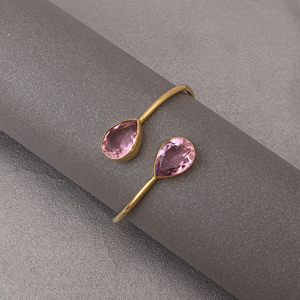 Elegant <b>Gold</b> Plated <b>Adjustable</b> Bangle with Dual Teardrop Pink Stones Minimalist Open Cuff Fashion <b>Bracelet</b> for Women V - Product Image 4
