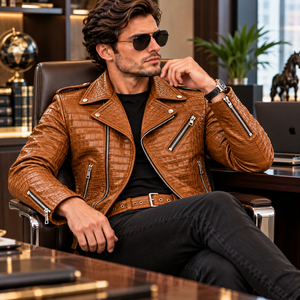 Blouson de motard en cuir marron gaufré crocodile pour homme – Blouson moto tendance avec ceinture, plusieurs poches zippées et ajustable - Product Image 5