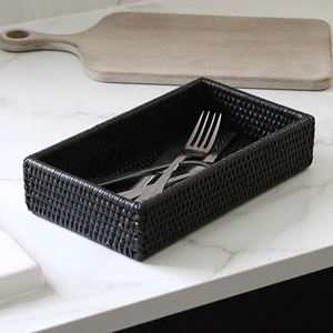 Rectangular Rattan Serving Tray Black Wicker Organizer For Cutlery, Kitchen Tools & <b>Tabletop</b> <b>Storage</b>, Modern And Durable - Product Image 1
