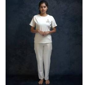 <b>White</b> 2 Piece Cotton Yoga <b>Set</b> Crew Neck Short Sleeve Solid Color Full Length Mid Waist Breathable Jogger Pants Casual Wear - Product Image 1