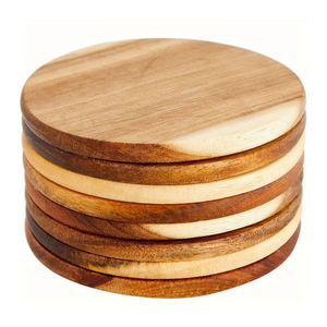 Wooden Coaster Set Round Checkered Design <b>Heat</b> Resistant Mats & <b>Pads</b> 4 pcs Modern Style Table Accessory - Product Image 2