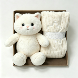 customized <b>boxed</b> newborn kitten stuffed toy <b>hamper</b>,white cat plush and knitted blanket <b>gift</b> set,cream‑tone baby shower plush - Product Image 3
