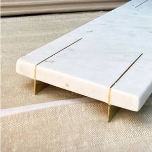 Wholesale Luxury White Marble Serving Tray Bulk Hotel Platter with Elegant Brass Inlay and Minimalist Gold Metal Footed <b>Stand</b> - Product Image 4