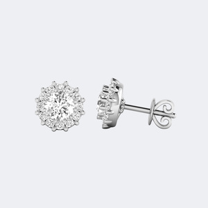 Boucles d'oreilles clous plaquées or 1,50 carat avec halo rond et grappe de fleurs, cadeau d'anniversaire de mariage - Product Image 2