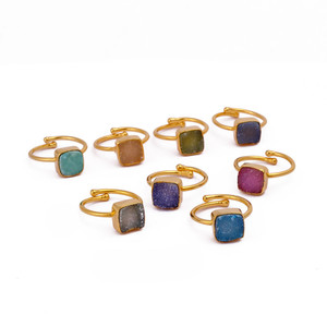 Women's Wholesale Modern Natural Druzy Bezel Setting <b>Adjustable</b> Gold-Plated Brass <b>Square</b> Gemstone Ring Elegant Jewelry - Product Image 4