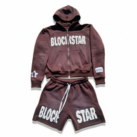 Ensemble sweat à capuche et short personnalisé OEM, effet délavé, vieilli, vintage, avec impression en relief, fermeture éclair intégrale, pour homme