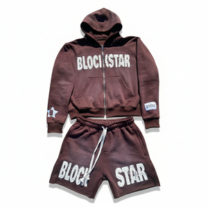 Ensemble sweat à capuche et short personnalisé OEM, effet délavé, vieilli, vintage, avec impression en relief, fermeture éclair intégrale, pour homme - Product Image 1