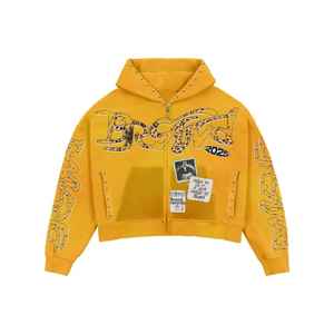 Custom Cotton Boxy <b>Cropped</b> <b>Zip</b> <b>Up</b> Hoodie Heavyweight Acid Wash Rhinestone Streetwear - Product Image 4