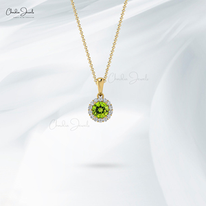 Natural 4mm Brilliant Round Cut Peridot Gemstone <b>Pendant</b> with 14k <b>Solid</b> <b>Gold</b> Diamond Halo <b>Pendant</b> August Birthstone Gift - Product Image 4
