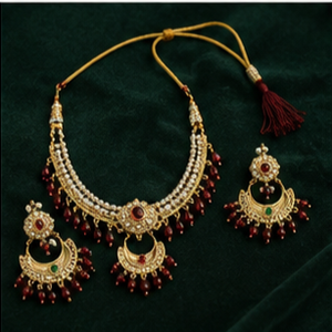 Gold Plated Ethnic Necklace and Earring <b>Set</b> with Red Tassel and <b>Crystal</b> Rhinestone for Women Wedding Festival Wear - Product Image 5