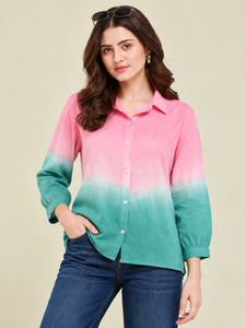 Camisa de Gasa para Mujer con Bloques de Color Degradado, Botones, Manga Larga, Corte Holgado, Cuello Camisero, Informal, para Primavera/Verano - Product Image 2