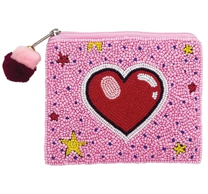 Porte-monnaie carré rose brodé de cœurs perlés avec pompon, pochette zippée, porte-monnaie tendance fait main - Product Image 4