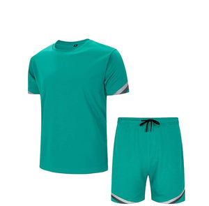 Ensembles décontractés d'été respirants en tissu éponge pour hommes, t-shirt à manches courtes et short, couleur unie, polyester/coton, vente en gros - Product Image 1