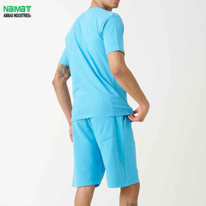 Ensemble T-shirt et short pour homme en coton bleu uni, col rond, décontracté, pour l'été, 2 pièces, tissu respirant tricoté - Product Image 6