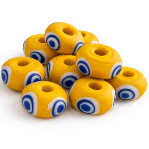 Cuentas de Vidrio Amarillo Hechas a Mano con Diseño Concéntrico Azul y Blanco, Artesanía en Vidrio para Joyería, en Caja - Product Image 1