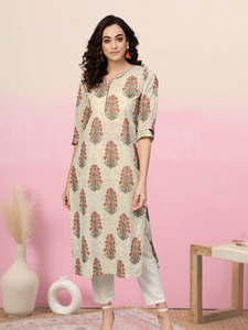 ชุดคุर्ตาผ้าฝ้ายแคมบริคสีเบจสำหรับผู้หญิง ตกแต่งด้วยเลื่อม แขนสามส่วน ทรงตรง สวมใส่สบายๆ สไตล์ชาติพันธุ์ สำหรับฤดูร้อน แห้งเร็ว ผลิตจากวัสดุรีไซเคิล - Product Image 4