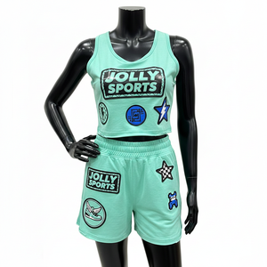 Conjunto Deportivo para Mujer, Top Corto y Pantalones Cortos de Algodón y Poliéster Transpirable, Color Verde, con Parche de Logotipo Personalizado en Chenilla, 100% Algodón - Product Image 6