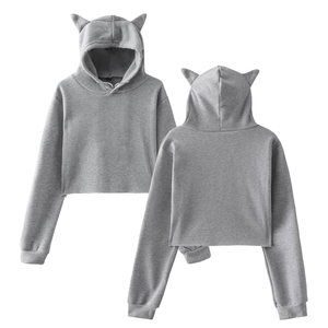 Women Cute <b>Cat</b> Ear Crop <b>Top</b> Hoodie Grey Solid Long Sleeve Pullover Sweatshirt Devil Horn Streetwear Y2K Hoody - Product Image 3