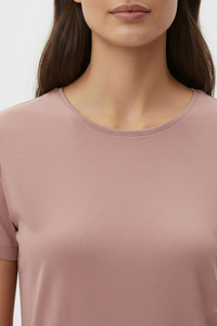 T-shirt personnalisé pour femme, couleur unie, col rond, manches courtes, tricoté, coupe décontractée, vêtements OEM ODM - Product Image 3