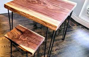 Table à manger carrée de luxe en bois massif naturel avec pieds en métal noir style hairpin, mobilier de salle à manger rustique - Product Image 3