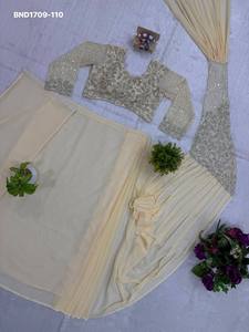 Top Quality Faux Georgette with Embroidery Zari & Semi-<b>Beads</b> work Ready to wear Saree-Readymade Matching Blouse Indian Exporter - Product Image 6