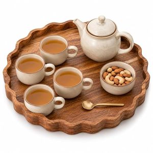 ถาดเสิร์ฟไม้ทรงกลม ไม้กระถินณรงค์ ถาดตกแต่งทำมือ สำหรับชา กาแฟ อาหารเช้า ใช้ในครัว โต๊ะรับประทานอาหาร - Product Image 5