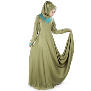 Robe de soirée élégante vert olive en satin avec col en V brodé, manches longues, coupe trapèze, longueur ras du sol pour femme - Product Image 1