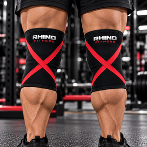 Rhino Fitness Men's Durable Polyester Elastic <b>Knee</b> Sleeves Black with Red X <b>Straps</b> Gym <b>Support</b> - Product Image 3