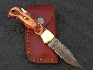 Couteau à lame fixe en acier Damas forgé à la main, manche en bois, couteau de chasse à pointe tombante avec étui en cuir - Product Image 3