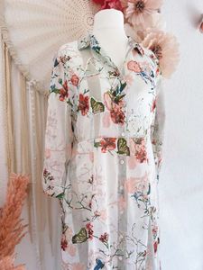 <b>Boho</b> Solid Floral Print Chiffon Shirt <b>Dress</b> Long Sleeve Maxi Loose Fit V-neck <b>Summer</b> Casual Wear Women - Product Image 1