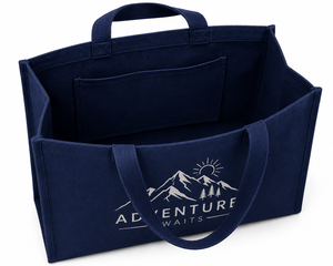 Sac fourre-tout en toile « L'aventure vous attend » grand format bleu marine avec motif montagne, sac de shopping pour usage quotidien avec poignée de transport - Product Image 5