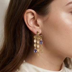Gold Plated Brass Chandelier <b>Earrings</b>, <b>Blue</b> Iolite Gemstone Statement Pair Women's Party Jewelry - Product Image 3