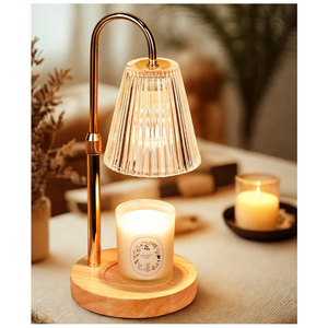 Lampe chauffe-bougie de table design avec base en bois, bras en métal et abat-jour en verre élégant pour la décoration intérieure - Product Image 1