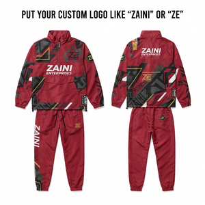Veste coupe-vent en polyester tissé pour homme, 130 GSM, design à panneaux rouge et noir, impression par sublimation, transfert thermique, logo personnalisé, étiquette tissée - Product Image 1