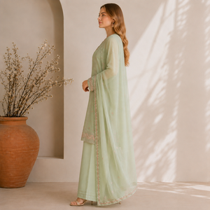 Conjunto de Salwar Kameez Tradicional Bordado en Chifón Verde Claro Premium para Mujer, Corte Regular, para Primavera, Uso Formal/Casual, Sin Arrugas - Product Image 5