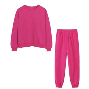 Factory Direct Sale Women's Plain Thick Crew Neck Pullover Track Suit <b>Lounging</b> Wear Ribbed Hem & Cuff Blank Two Piece Sweat Suit - Product Image 1