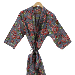 Bata Kimono con Estampado de Dibujos Animados para Mujer, 100% Algodón Tejido, Suave y Transpirable, Camisón de Verano Hecho a Mano, Cuello en V, Cintura Elástica, Largo Completo - Product Image 1