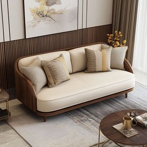 Elegante Sofá Curvo de Madera de Teca Sólida con Diseño Envolvente, Sofá de 3 Plazas de Lujo con Tela Premium - Product Image 1