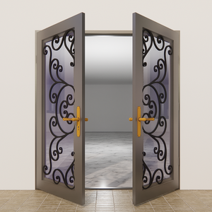 Puerta Doble de Hierro Forjado de Lujo, Puerta de Entrada Decorativa de Hierro, Puerta Principal Personalizada con Elegantes Inserciones de Vidrio - Product Image 4