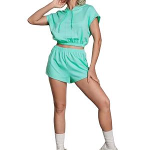T-shirts et pantalons à manches courtes pour femmes-Ensemble de 2 pièces-Ensembles de sport solides avec cordon de serrage 2026 - Product Image 2