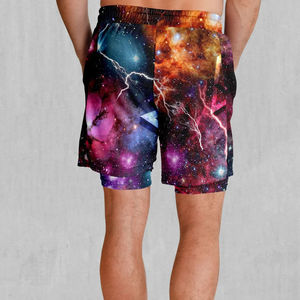 Short de bain décontracté pour homme à imprimé galaxie tropicale, séchage rapide, cordon de serrage, polyester, taille haute, poches, logo frontal, tissé 180g - Product Image 2