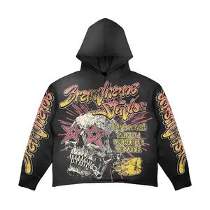 Sweat à capuche court personnalisé 100% coton pour hommes en détresse unisexe Vintage lavé brodé bord coupé ourlet brut impression DTG de haute qualité - Product Image 1