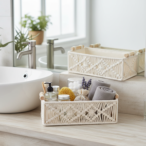 Panier de rangement en macramé fait main en corde de coton tressée, écologique, empilable, organisateur de décoration pour salon, chambre et buanderie - Product Image 5