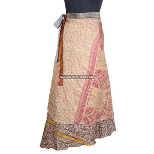 New Indian Silk Sari <b>Wrap</b> <b>Skirt</b> Women Wear Vintage Silk Sari Long Length <b>Wrap</b> Around <b>Skirt</b> 2 Layer Reversible Saree Bohemian - Product Image 2