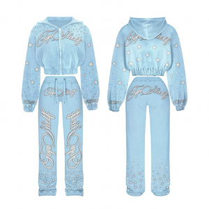 Women's Rhinestone Embellished Velour Tracksuit Set <b>Crop</b> <b>Zip</b> <b>Up</b> Hoodie and Jogger Pants Casual Streetwear Wholesale - Product Image 5