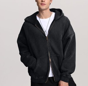 Sweat à capuche zippé oversize pour homme en molleton de qualité supérieure, noir délavé, à manches longues, avec poches, style streetwear décontracté, OEM - Product Image 3