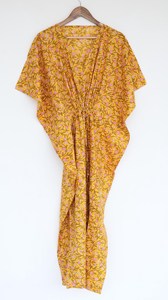 Ethnic Women's Floral Block Print Orange <b>Kaftan</b> Dress Loose Fit 100% Cotton Summer <b>beach</b> wear Holiday Long dress - Product Image 2