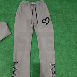 Pantalon de survêtement évasé pour femme, 100% coton, broderie vieillie, couleur unie, confortable, avec logo personnalisé, vente en gros - Product Image 1