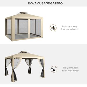Gazebo in Alluminio 2.9x3.5m Design Elegante con Tetto a 2 Livelli, Rete e Fori di Drenaggio, Zanzariera Color Tortora per Feste in Patio - Product Image 4